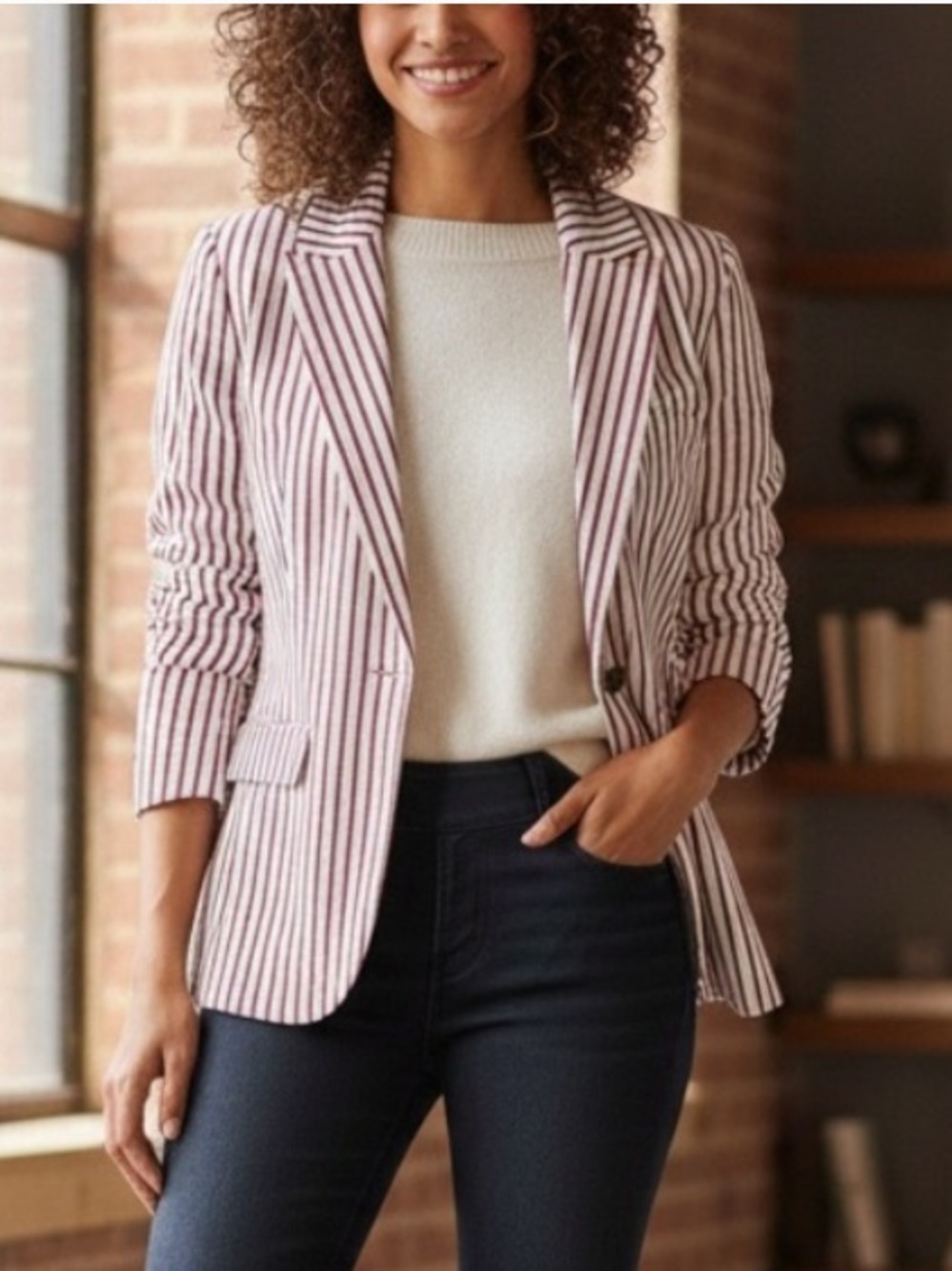 Cabi Red & White Stripe Seersucker Blazer